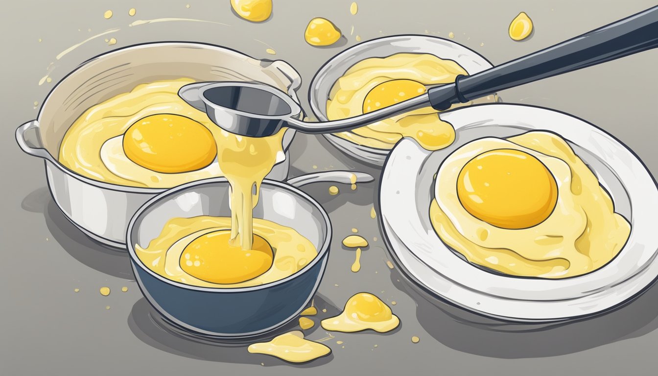 A chef expertly whisking egg yolks and lemon juice into a creamy hollandaise sauce while slowly drizzling in melted butter