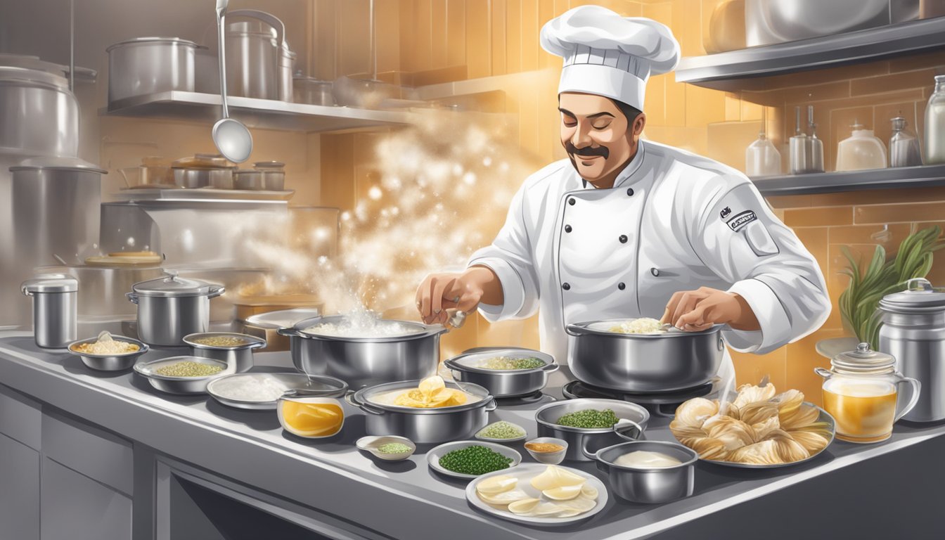 A chef adding a splash of cream to a pot of simmering oysters, with various dairy products and seasonings on the countertop