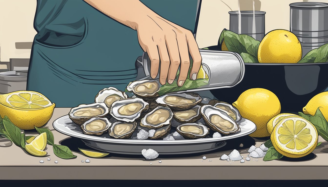 A hand pouring lemon juice onto a pile of canned oysters, with a salt shaker nearby