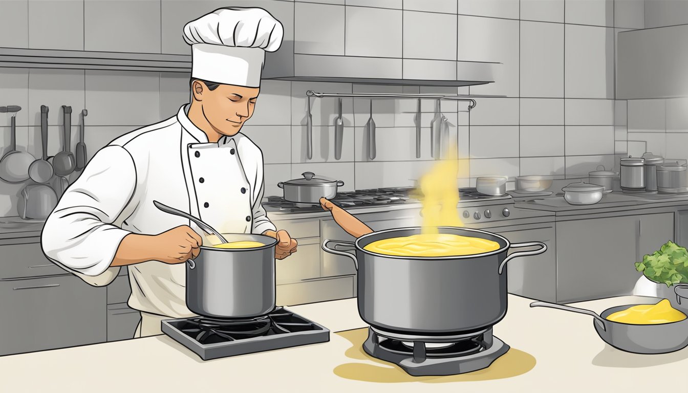 A chef stirring a pot of thin hollandaise sauce over low heat