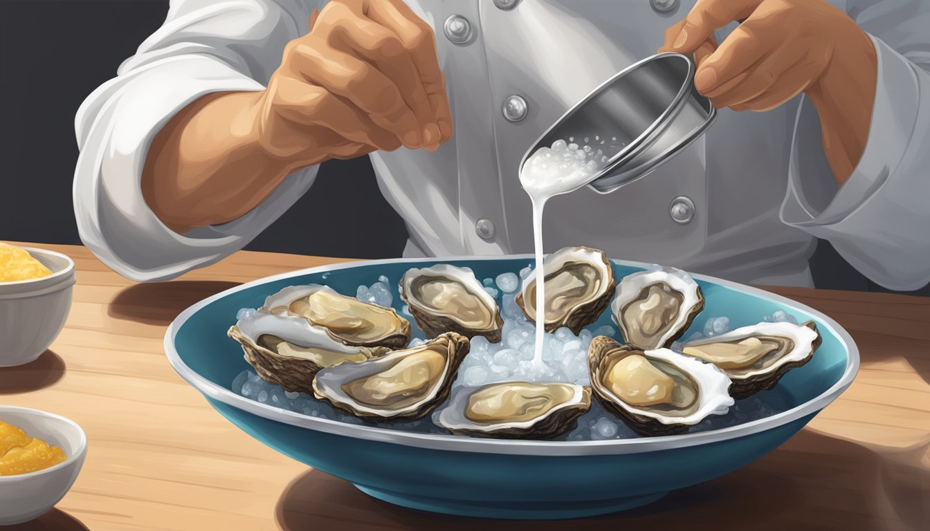 A chef pouring a mixture of vinegar, sugar, and water over a bowl of overly salty canned oysters