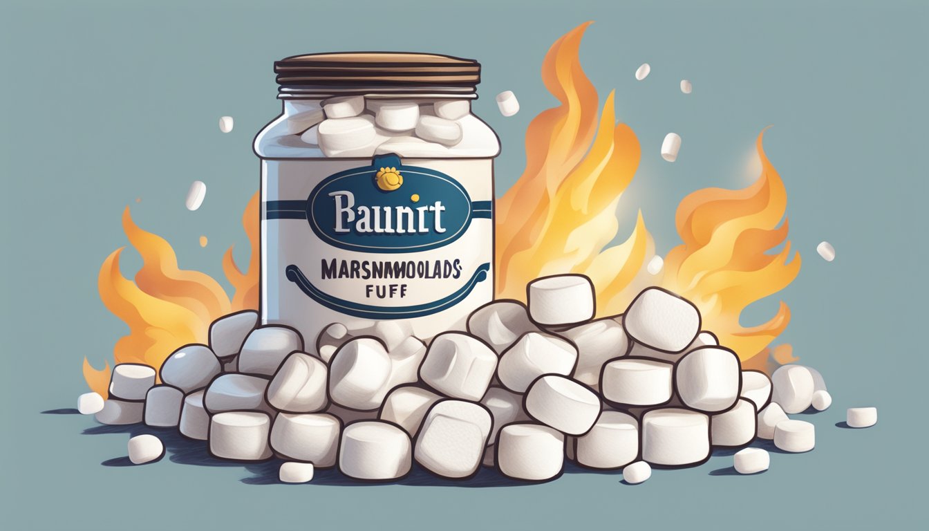 A jar of Marshmallow Fluff being carefully placed next to a pile of burnt marshmallows