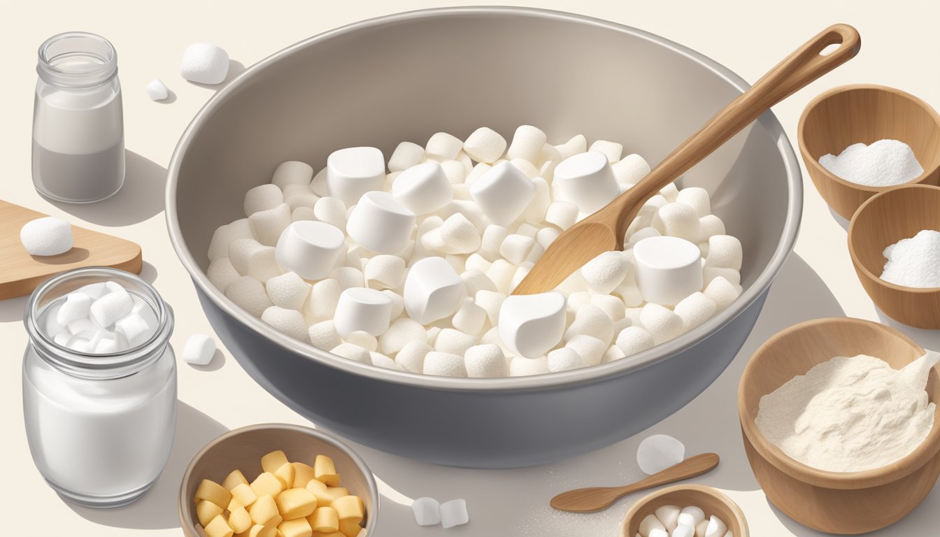 A mixing bowl filled with Marshmallow Fluff being folded into a creamy batter, surrounded by ingredients and kitchen utensils