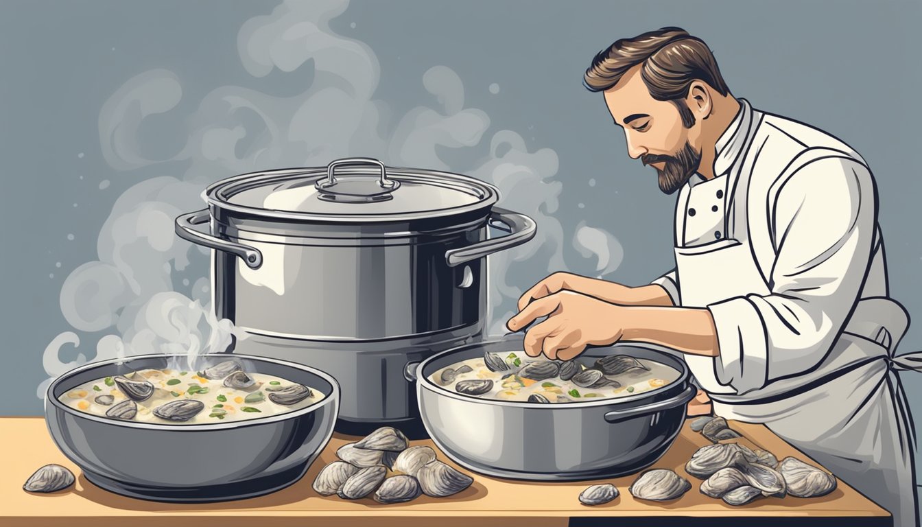 A chef adding canned oysters to a pot of creamy chowder, carefully adjusting the seasoning to balance out the saltiness