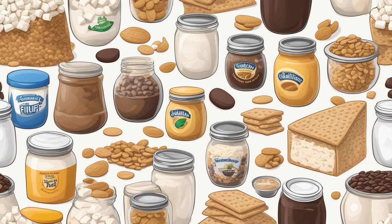 A jar of marshmallow fluff sits next to a variety of alternative ingredients and variations, including chocolate chips, peanut butter, and crushed graham crackers