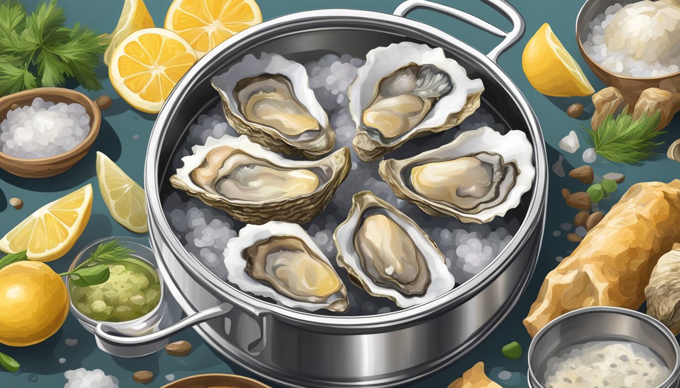 An open can of oysters surrounded by various ingredients for adjusting flavor, with a spoonful of the oysters being tasted for seasoning