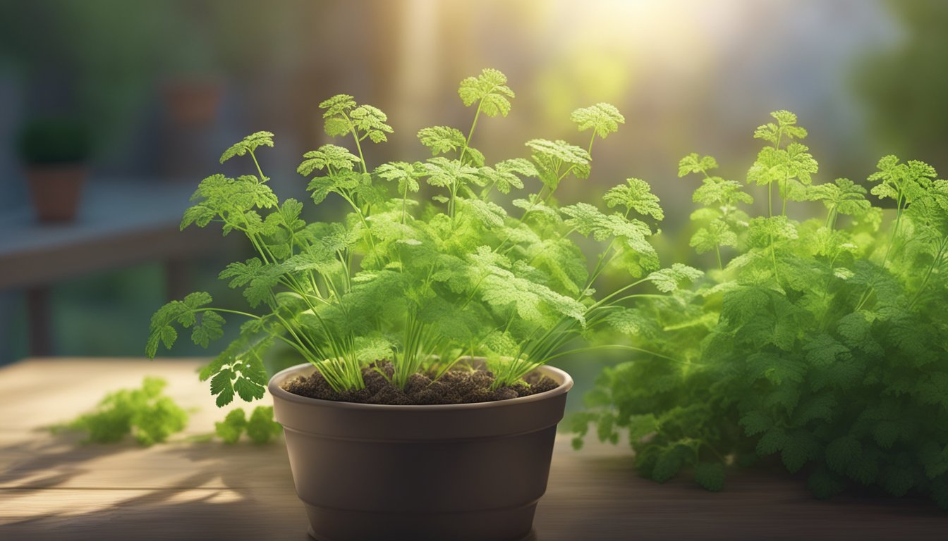 Chervil plant being gently watered, sunlight streaming in