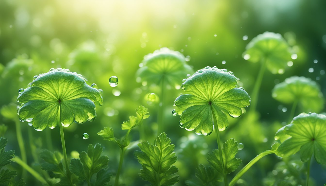 Fresh water droplets reviving limp chervil in a sunlit garden