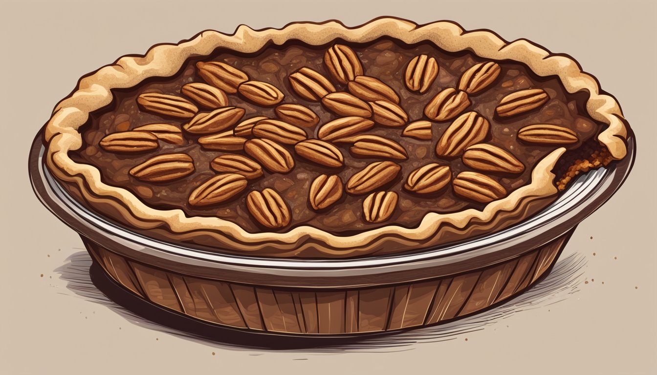 A pecan pie with a golden crust, cracked open to reveal a thick, burnt filling with scattered pecan pieces