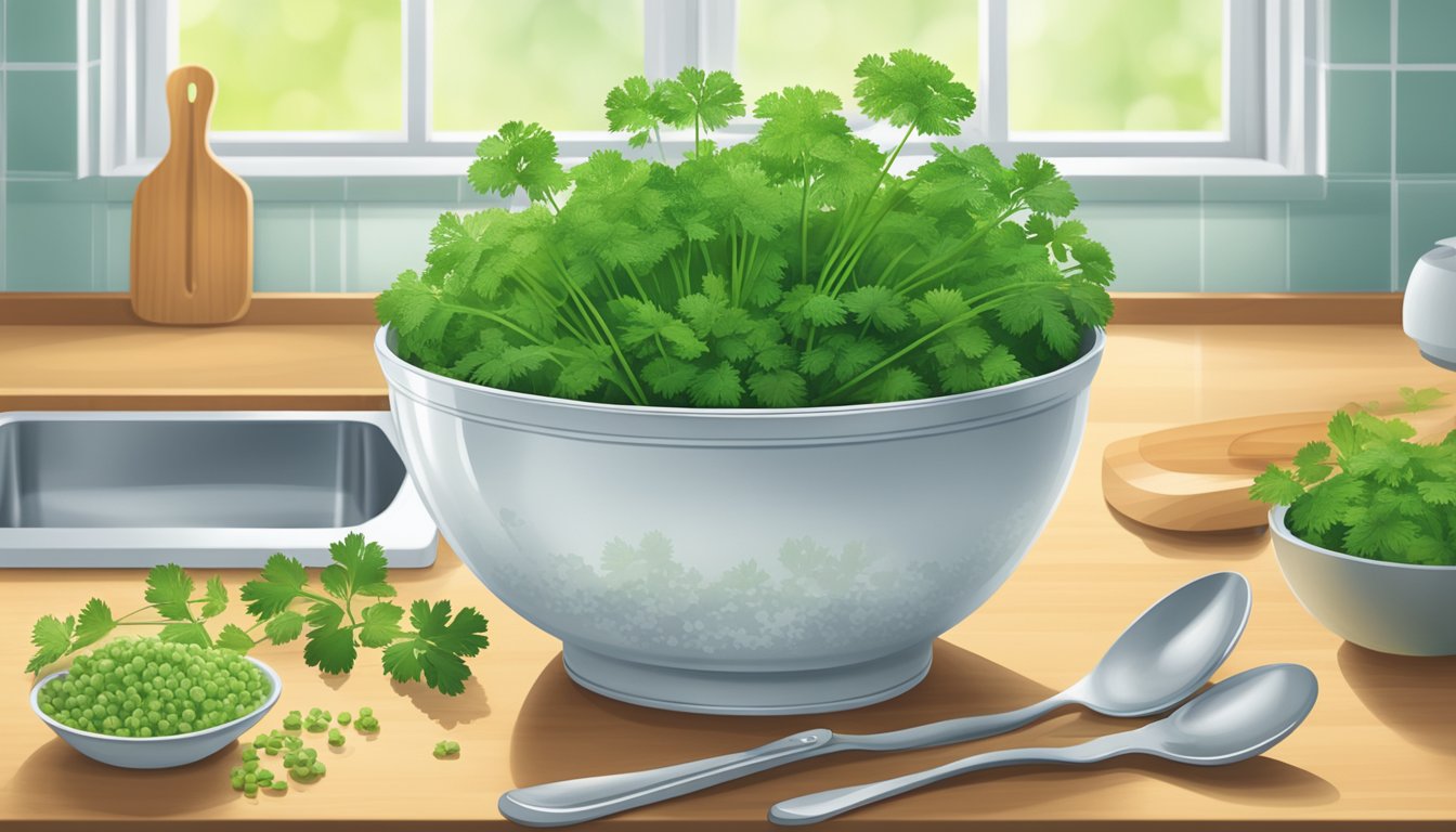 Fresh chervil in a bowl of water, surrounded by kitchen utensils and a bright, airy kitchen