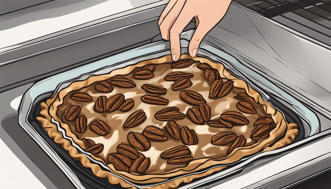 A hand removing a burnt pecan pie filling from the oven