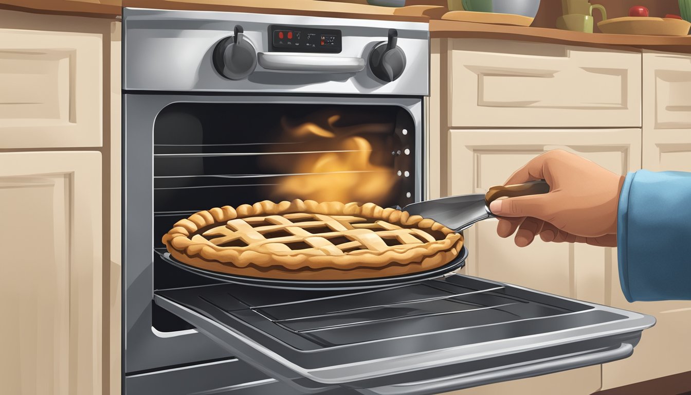 A hand reaching into an oven to remove a smoking pie pan