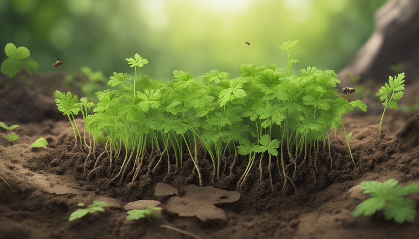 Fresh chervil sprouting from moist soil, surrounded by decaying leaves and small insects