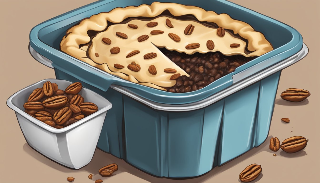 A pie dish with burnt pecan filling being scraped into a trash bin