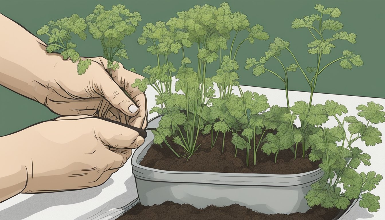 A pair of gloved hands gently cradle a limp chervil plant, carefully watering and tending to it with concern. The surroundings are clean and organized, with tools and supplies neatly arranged nearby