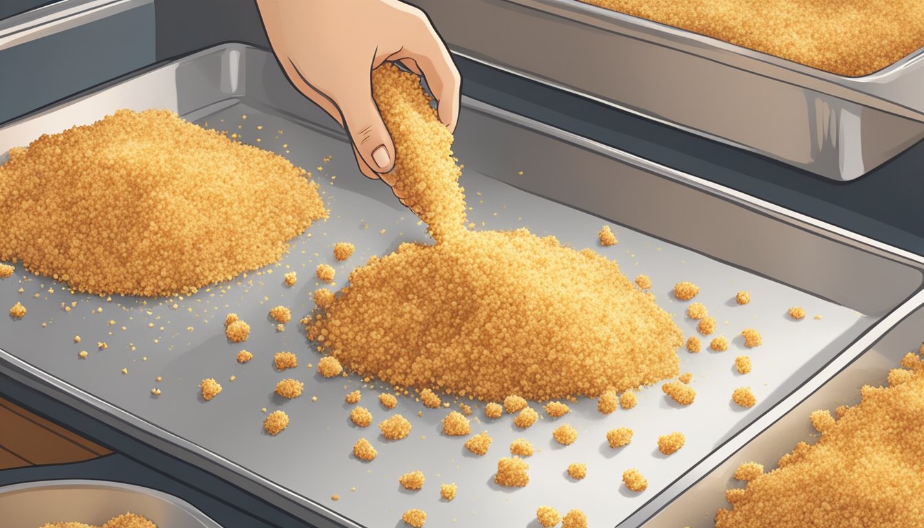 A hand sprinkles stale panko crumbs onto a baking sheet, then places it in the oven. The oven light illuminates the crumbs as they transform into golden, crispy panko