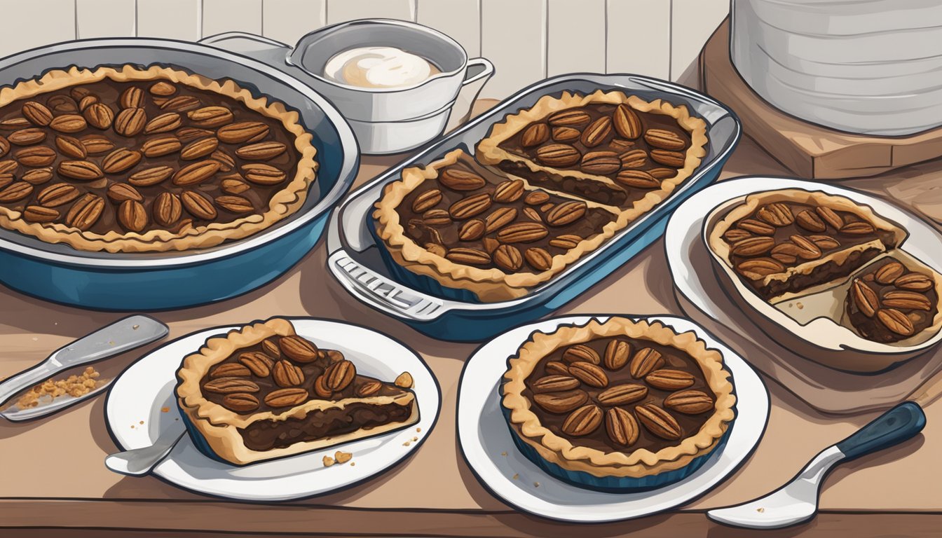 A kitchen counter with a tray of pecan pies, one with burnt filling being scraped off and discarded