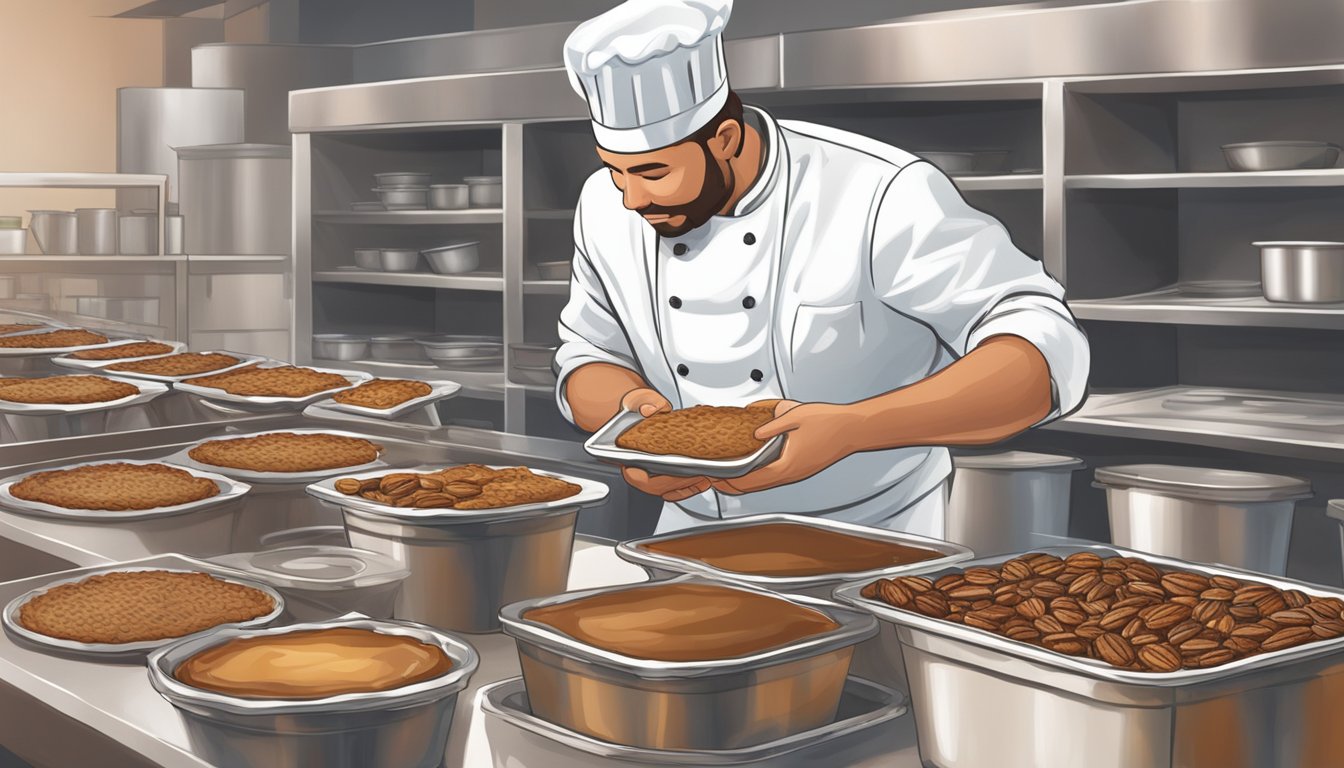 A chef carefully pours burnt pecan pie filling into a separate container, with various alternative pie options displayed in the background