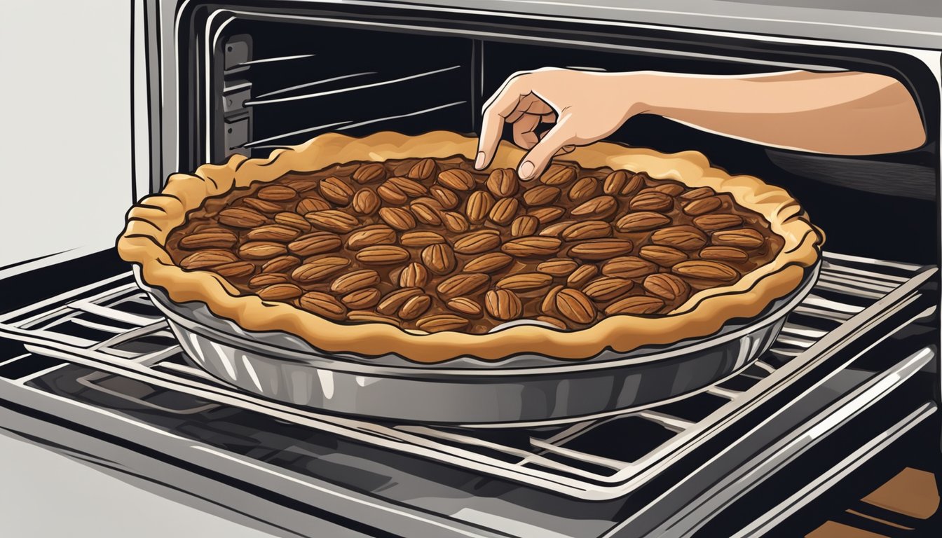 A hand reaching into an oven to rescue a bubbling pecan pie, with a golden crust and a rich, caramelized filling