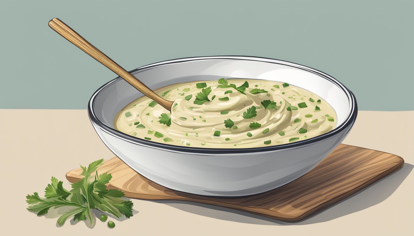 A bowl of watery remoulade sauce with a whisk and ingredients nearby