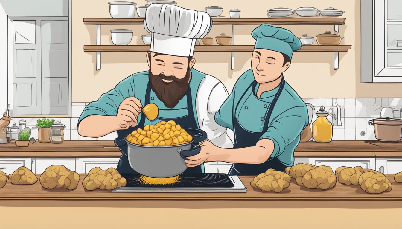 A chef adding potatoes to a pot of boiling beef bouillon to absorb excess salt