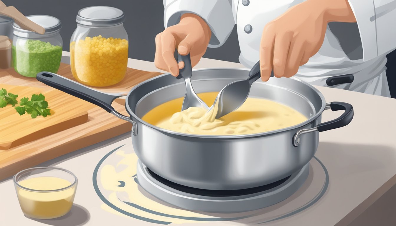 A chef stirring in cornstarch to thicken watery remoulade sauce in a saucepan over low heat