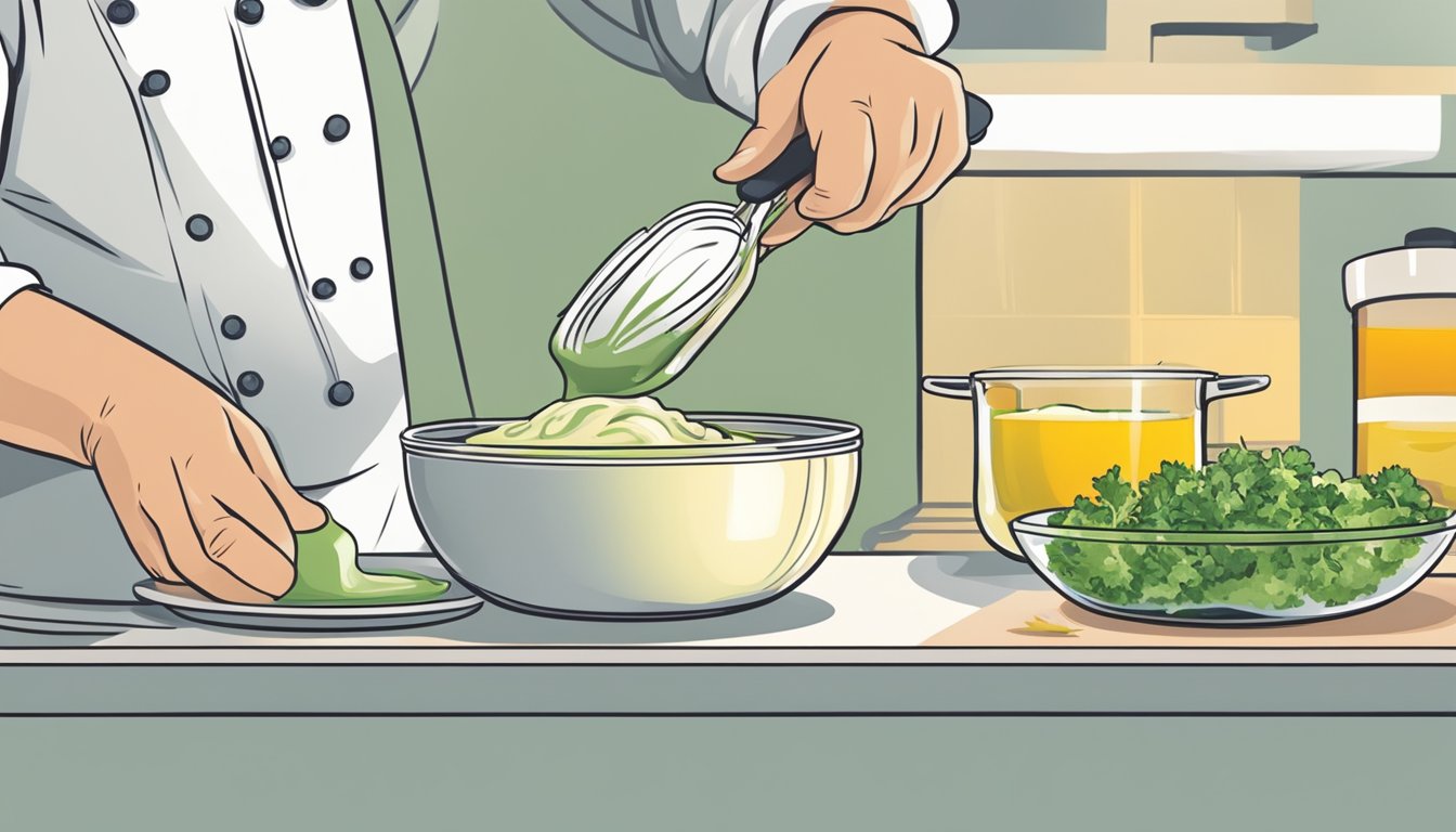 A chef stirring thickening agent into a bowl of watery remoulade sauce