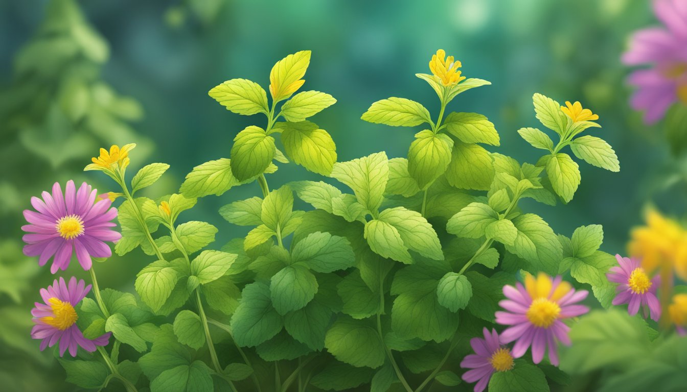 Lemon balm plant, wilted leaves perking up in sunlight, surrounded by vibrant greenery and colorful flowers