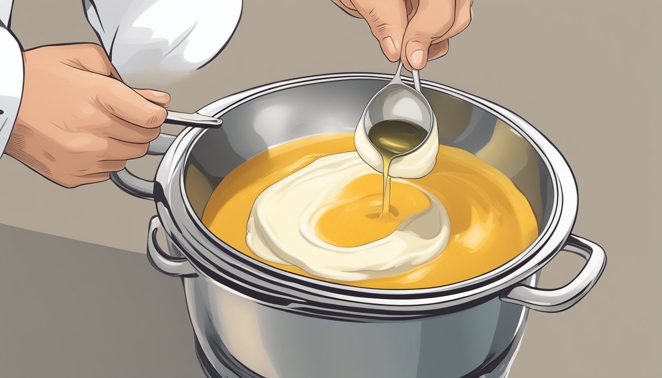 A chef pours a dollop of creamy dairy product into a pot of overly salty beef bouillon, stirring it in to balance the flavors