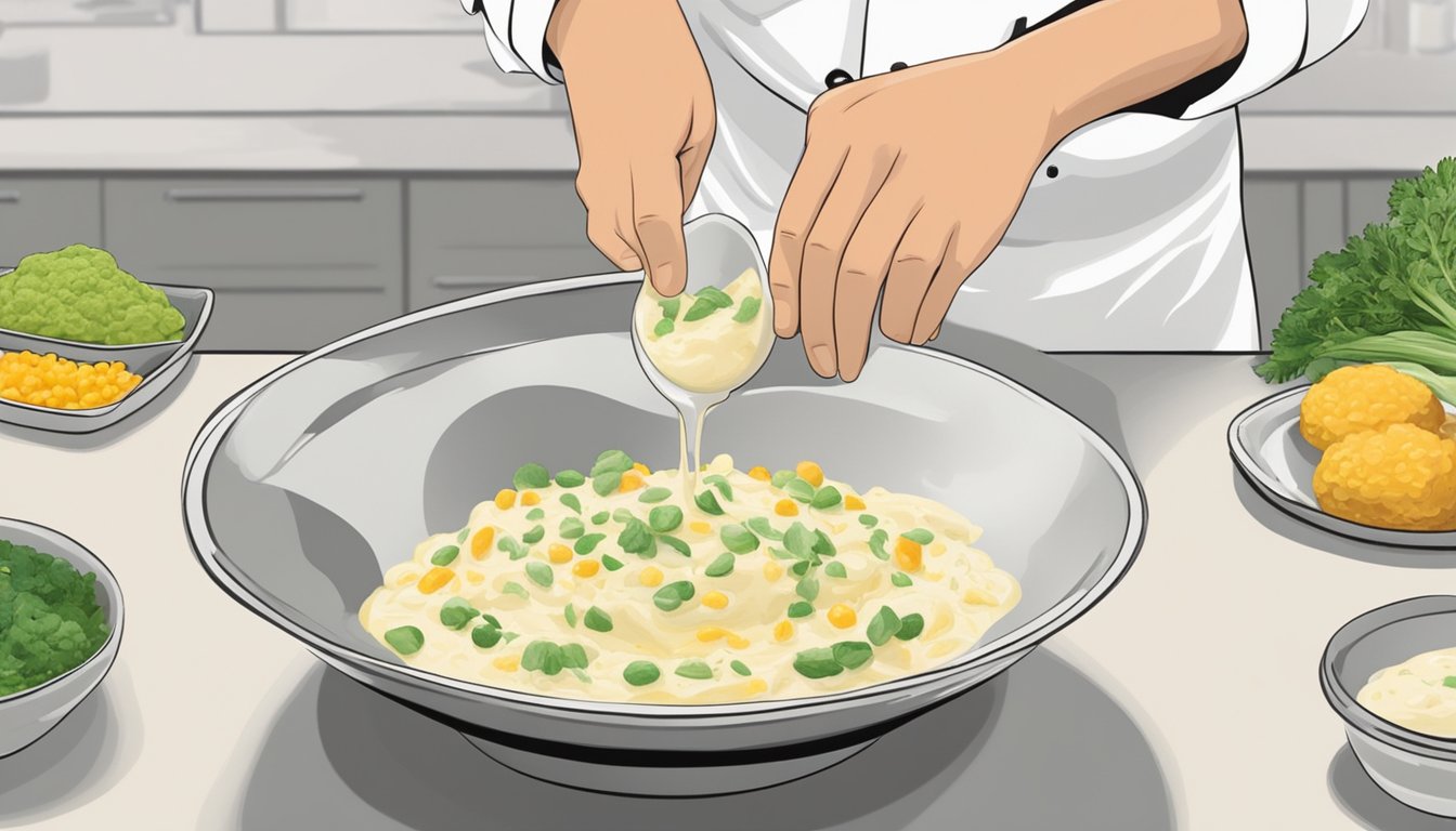 A chef adding a spoonful of cornstarch to a bowl of watery remoulade sauce, stirring vigorously to thicken it