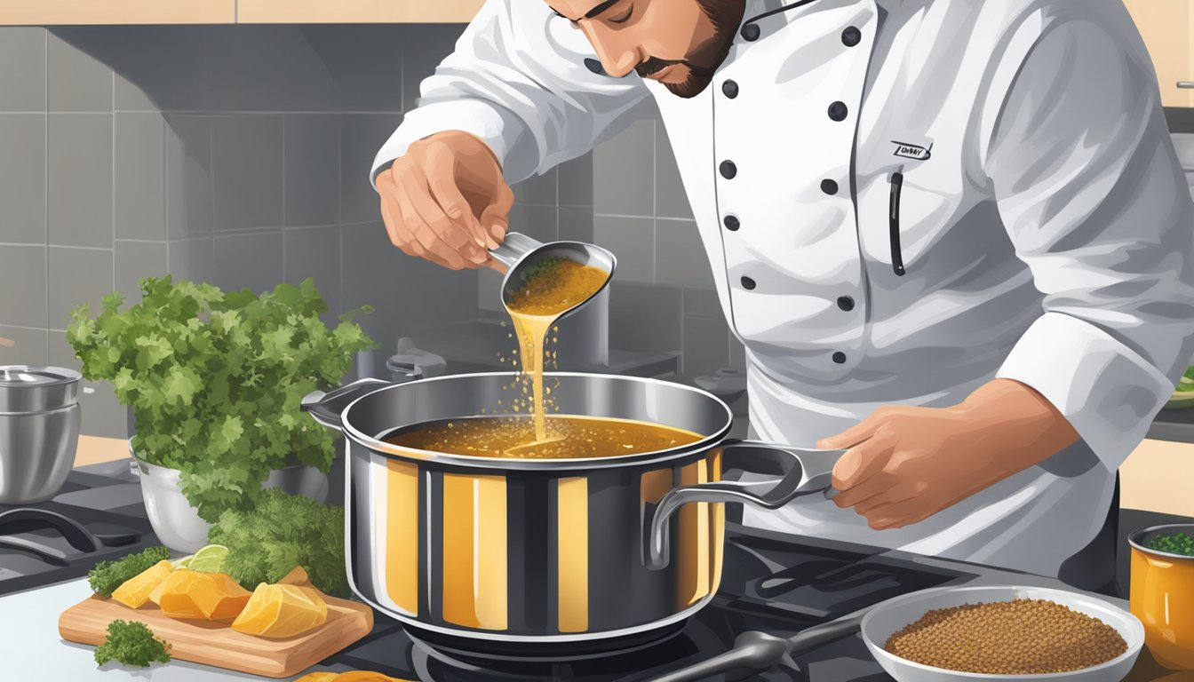 A chef pouring water into a pot of overly salty beef bouillon, while stirring and adjusting seasonings