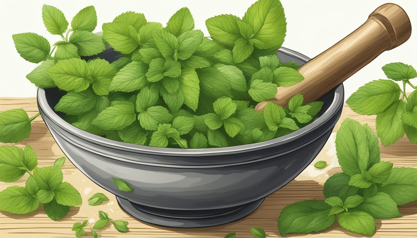 Fresh lemon balm leaves and stems being soaked and mixed in a mortar and pestle, creating a fragrant herbal preparation