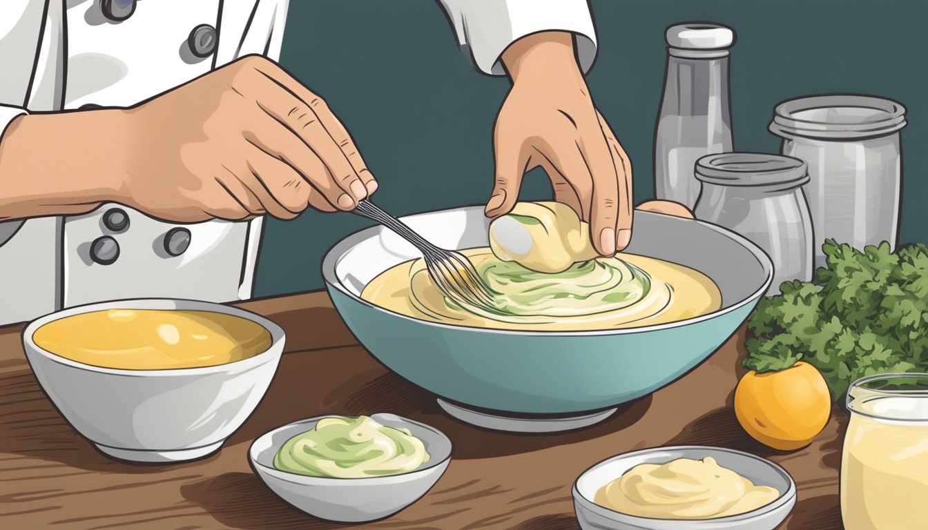 A chef adding small amounts of mayonnaise to a bowl of watery remoulade sauce, stirring with a whisk until the desired consistency is achieved