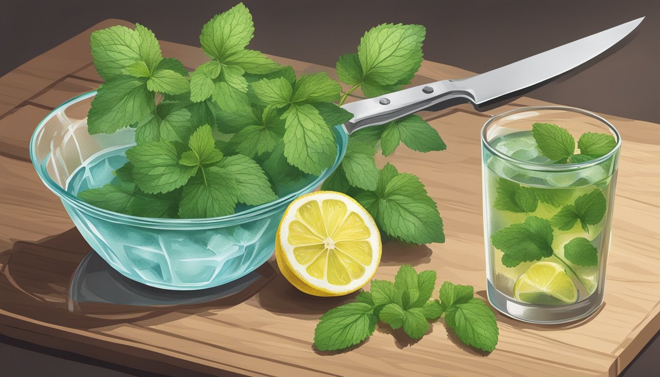 Limp lemon balm being submerged in a bowl of ice water, then placed on a cutting board with a knife next to it