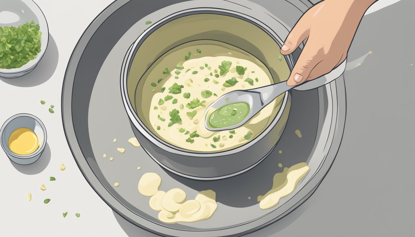 A chef adding small amounts of cornstarch to thicken watery remoulade sauce in a mixing bowl