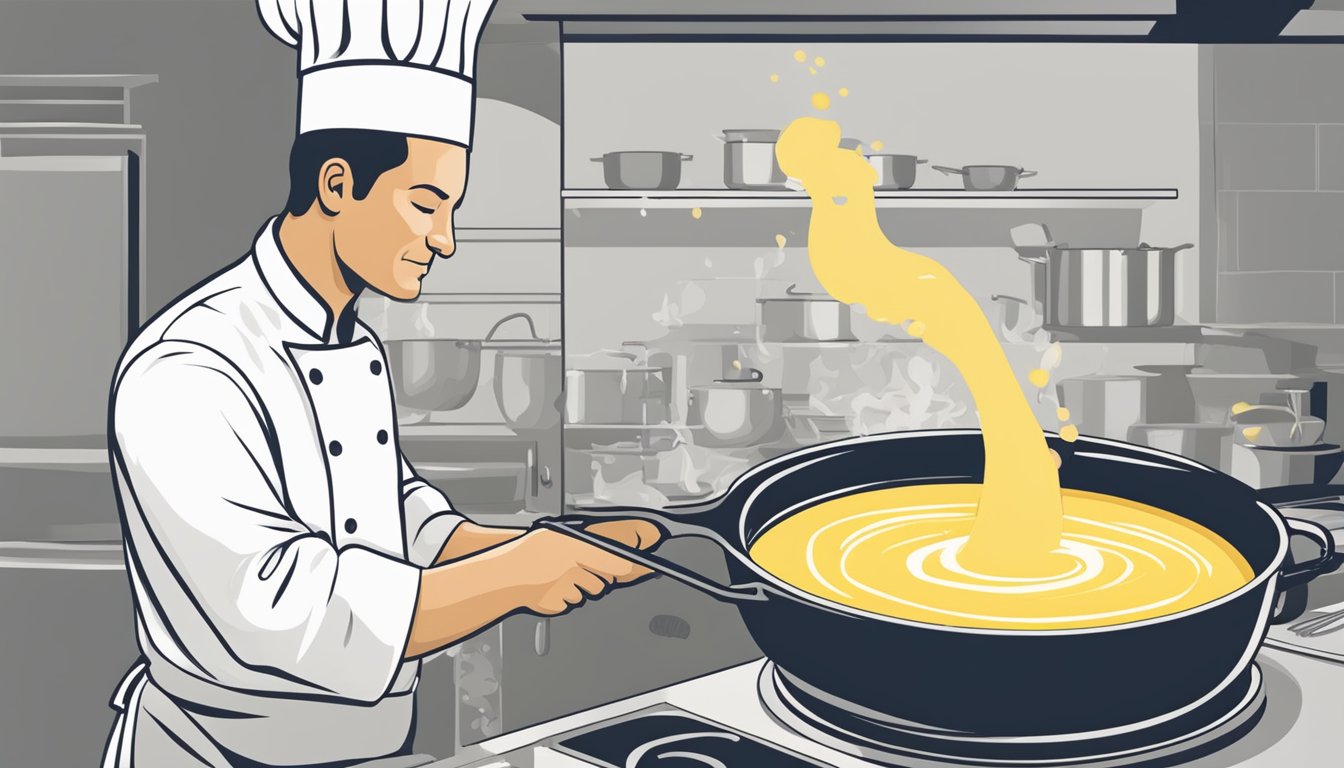 A chef stirring a pot of Bernaise sauce over low heat until it thickens to the desired consistency