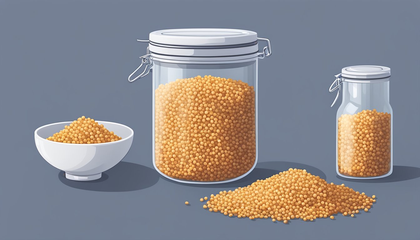 Amaranth grains stored in airtight container, next to a pot of overcooked amaranth