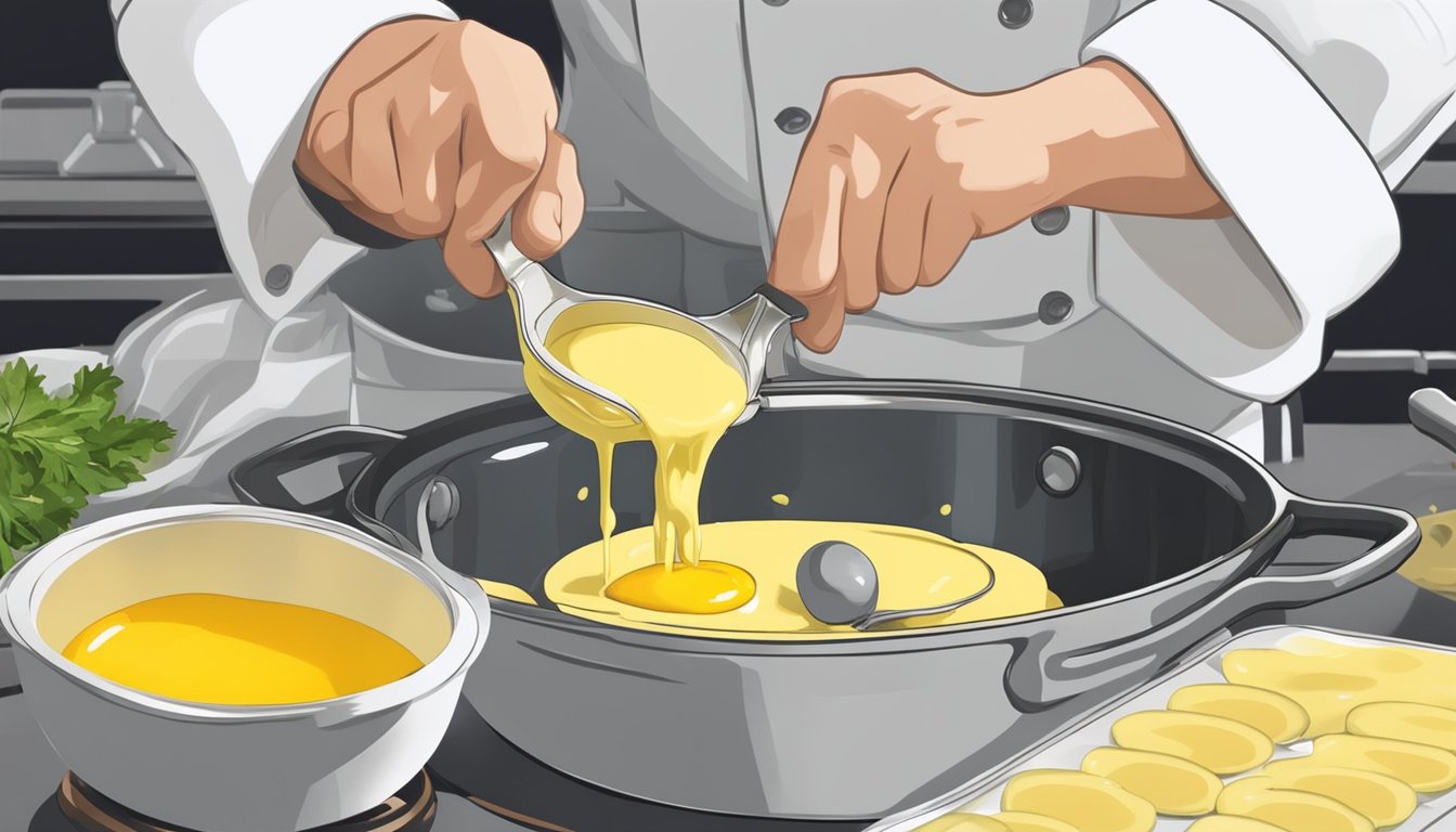 A chef adding egg yolks and whisking vigorously to thicken watery béarnaise sauce