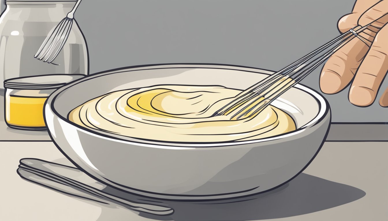 A small bowl of watery aioli next to a jar of mayonnaise and a whisk. A chef adds a spoonful of mayonnaise to the bowl and begins whisking vigorously