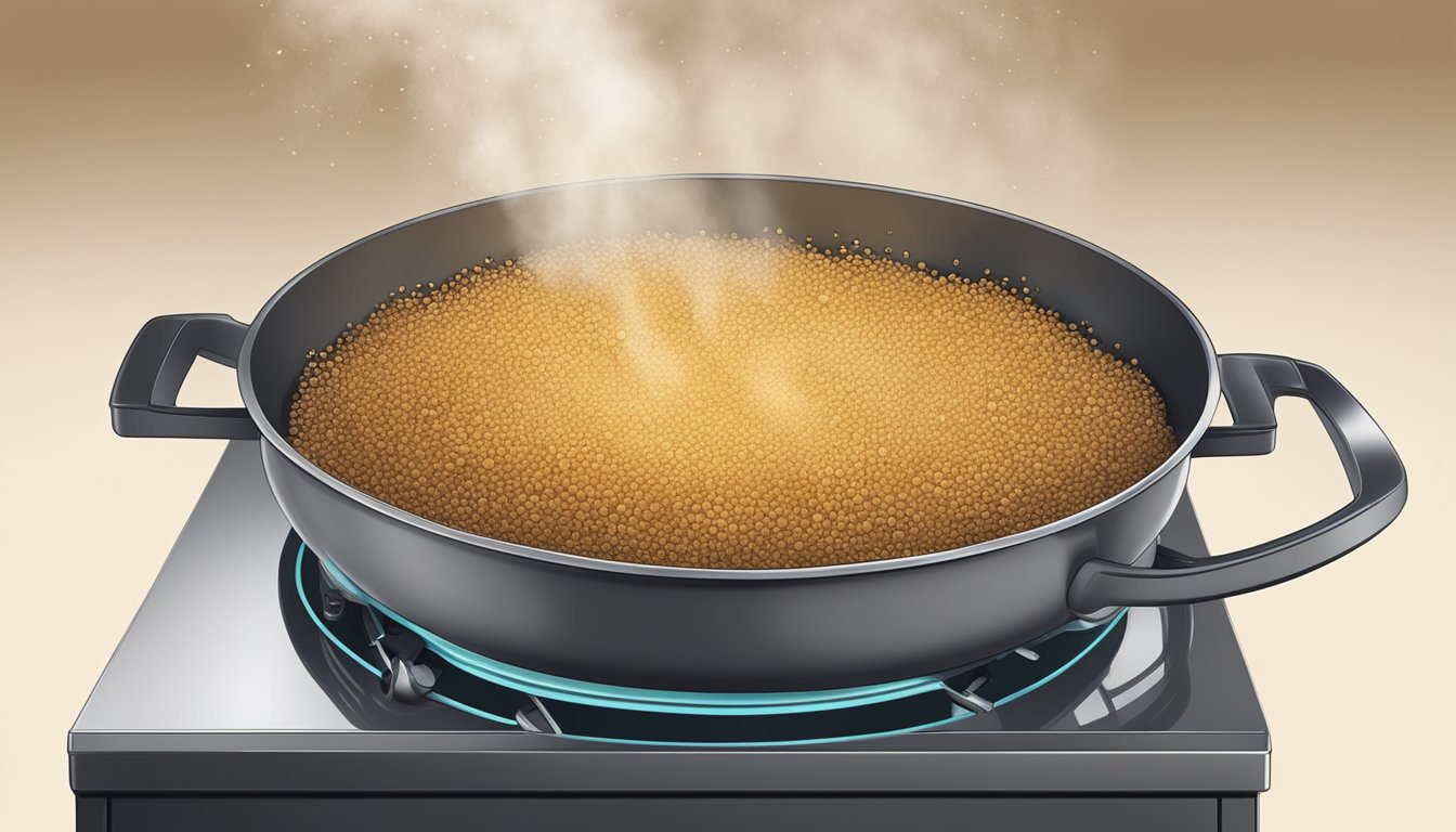 A pot of amaranth boiling over on a stovetop, with steam rising and the grains sticking to the sides