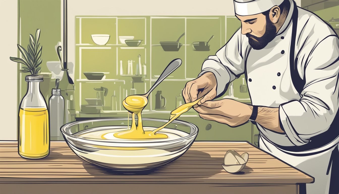 A chef expertly drizzles olive oil into a bowl of aioli, carefully whisking to achieve the perfect creamy consistency