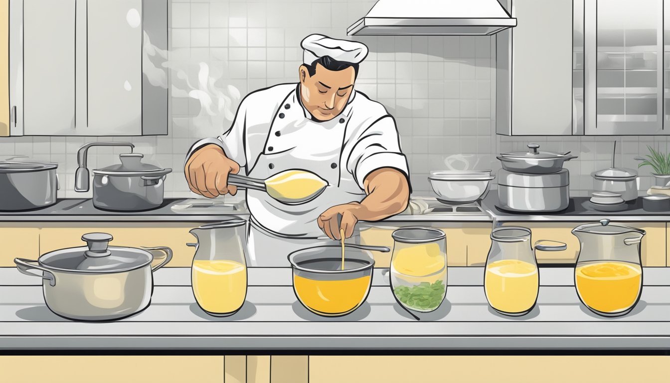 A chef adding small amounts of cold water to a pot of separated Bernaise sauce, whisking vigorously until the sauce thickens and becomes smooth