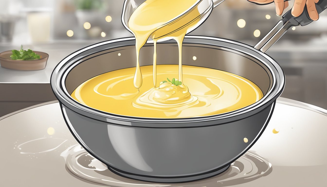 A chef stirring a thickening aioli in a bowl, with droplets of water separating from the mixture