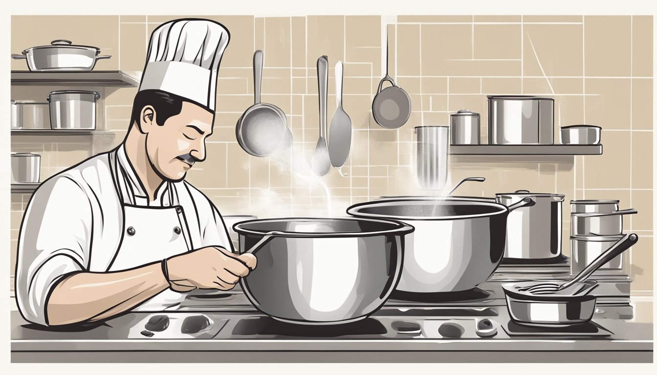 A chef expertly whisking ingredients in a saucepan over low heat until the texture thickens and becomes smooth