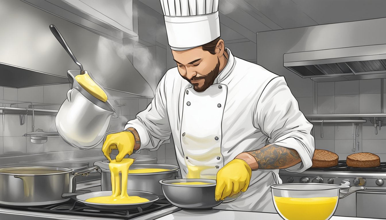 A chef pours thickening agent into a pot of watery béarnaise sauce, while a plate of steak sits nearby