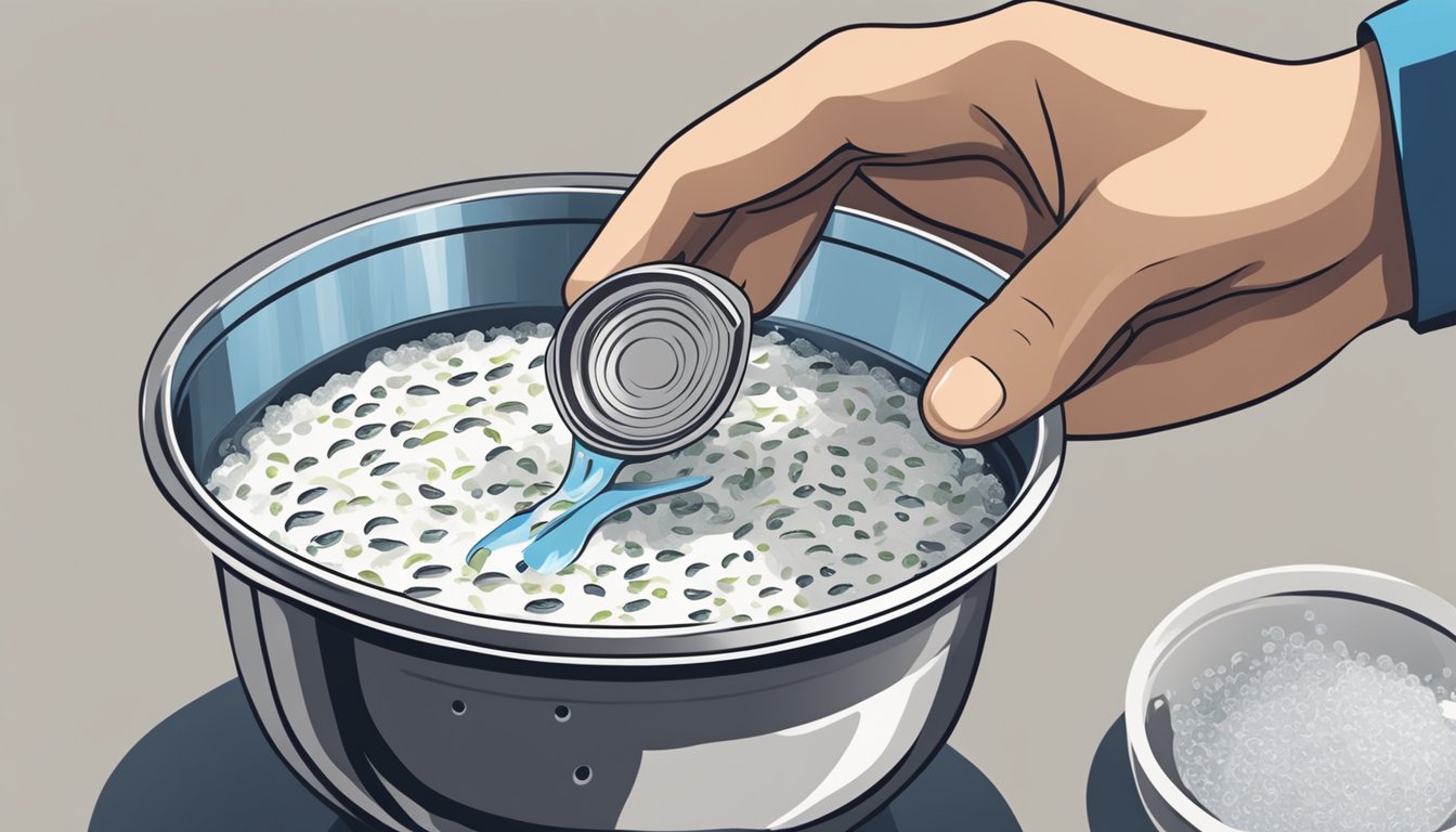 A hand holding a can of anchovies, pouring fresh water over them in a colander to rinse off excess salt