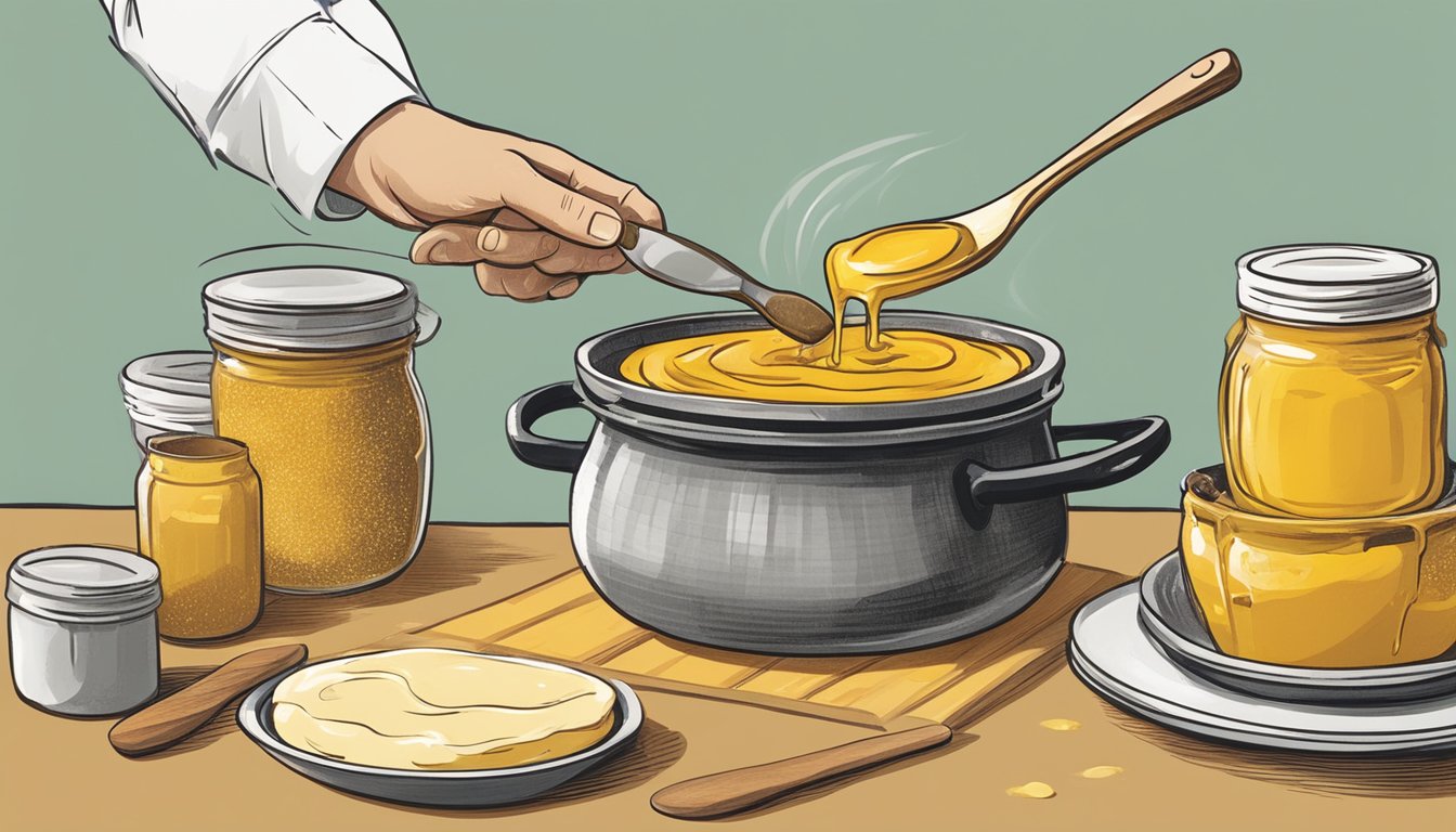 A pot of burnt honey mustard being saved by adding fresh ingredients and stirring vigorously