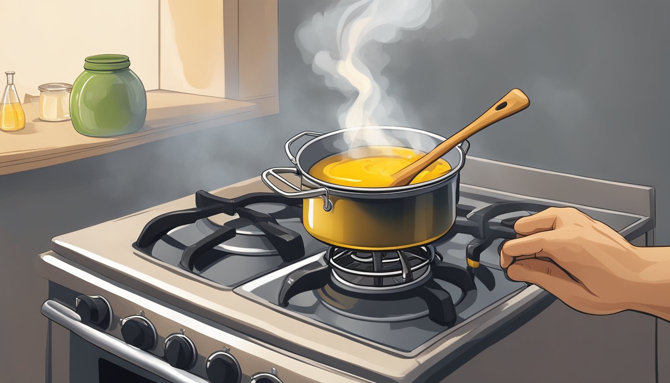 A pot of honey mustard on the stove, smoke rising, a hand reaching to turn off the heat