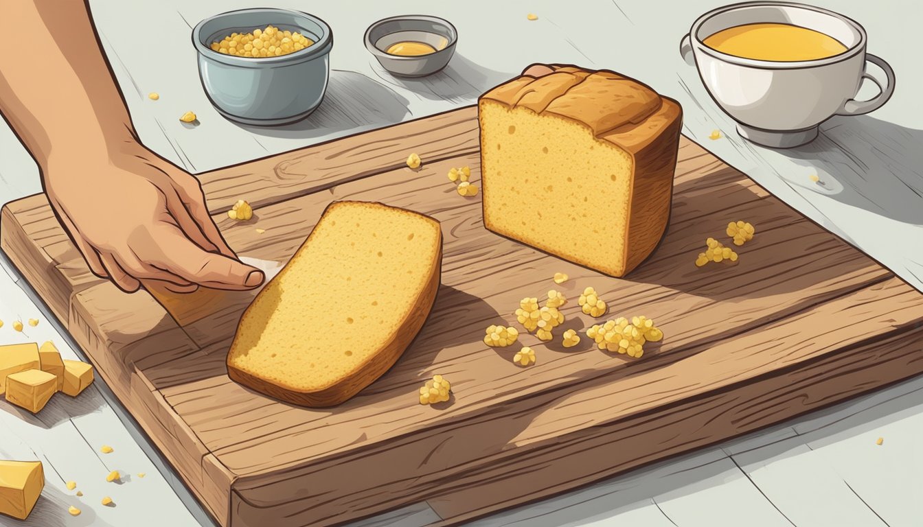 A hand reaching for a stale piece of cornbread on a wooden cutting board, with ingredients like butter and honey nearby for reviving