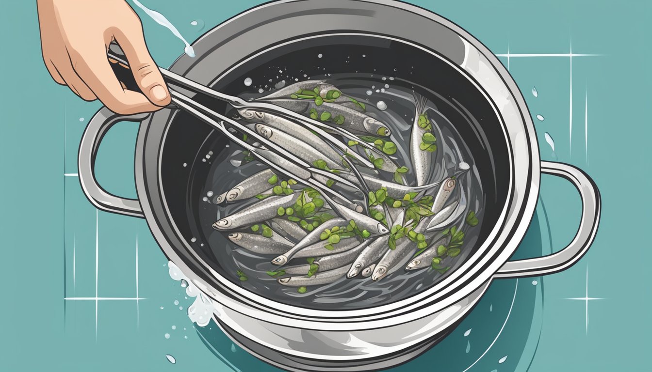 A person stirring a pot of anchovies in a colander under running water to rinse off excess salt